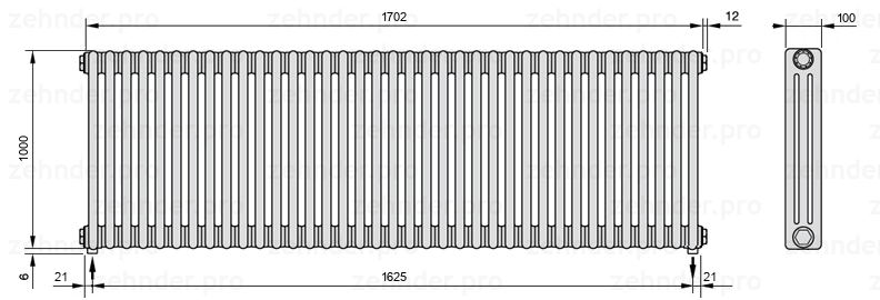 Схема (чертеж) Радиатор Zehnder Charleston 3100/37 №3570 Белый глянцевый RAL 9016